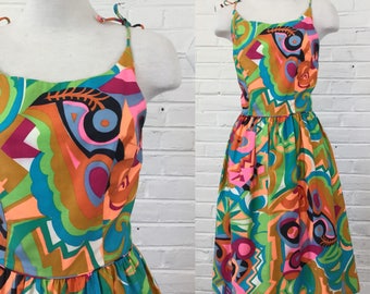 Vintage 1960s Vibrant Abstract Geometric Novelty Print Dress, size S-M