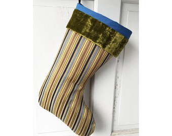 Elegant Striped Christmas Stocking with Green Velvet Cuff and Paisley Taffeta Lining