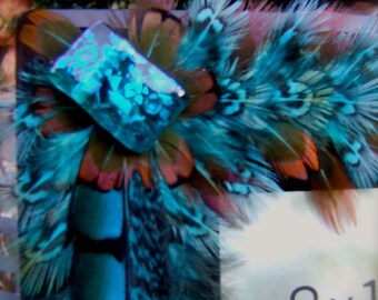 2018 Artistic Picture Frame - "Turquoise Sea Pheasant" - 8 x 10 Frame Embellished With Feathers and Jewels