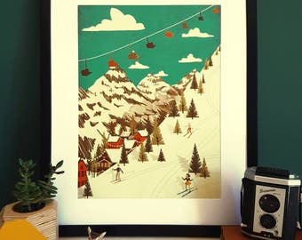 Skiing Mountain Vintage Illustration Print