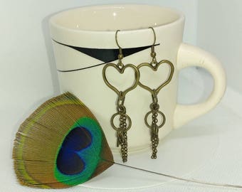 Brass heart with dangling jet earrings