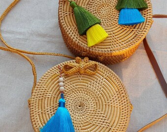 Small/Medium Round Rattan round bag, Leather Strap Woven Straw circular bag, Free personalised dustbag, with layered tassels,