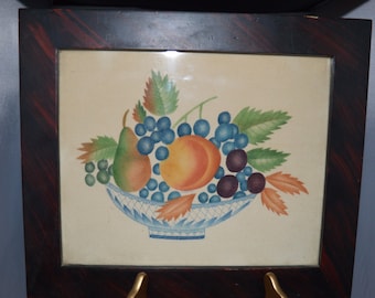 Early American / theorem painting / fruit bowl / framed / dark brown / wood / painting / art / fruit / orange / blue / green / wood frame