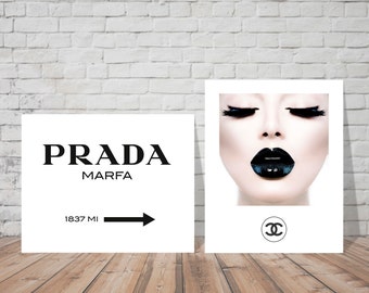 SALE! 2 Prints Set, Prada Marfa Print, Fashion Prada Chanel Poster, Chanel Logo Print, Fashion Set, Black Lips, Best Selling Prints, Modern
