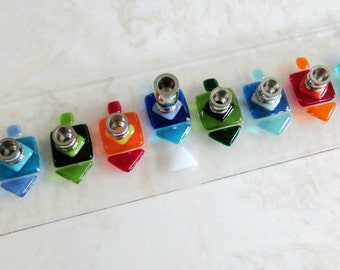 Fused Glass Menorah, Hanukkah Menorah with Colorful Dreidels, Chanukia, Sevivon, Jewish Wedding Glass Gift, Hanukkah Hostess Gift