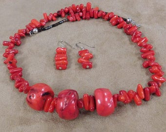 Chunky Dyed Bamboo Coral Necklace and Earrings
