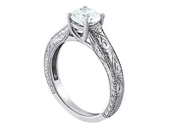 1 Ct 6.5mm Forever Brilliant Moissanite Solid 14k white gold Antique Engraved TRELLIS Style Engagement Ring- Ov61761