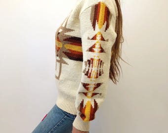 Mohawk Bend Sweater // vintage 70s blouse boho hippie hipster dress top hippy 1970s tunic space dye white brown orange southwestern // O/S