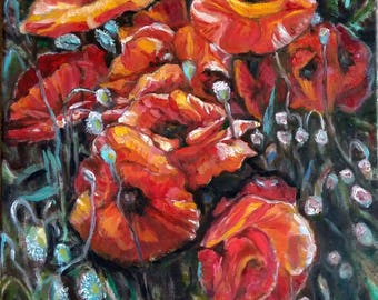 Original Oil Painting, Red Poppy flower, 20"x16", 1801092