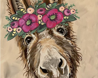 Cute Donkey art prints. Donkey flower crown art, donkey prints, funny donkey art, farmhouse art print, farmhouse art, flower crown art