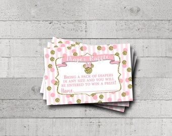 Girl Baby Shower Diaper Raffle Tickets Minnie Mouse Pink Light Pink Gold Glitter Polka Dot Stripes Printable Instant Download