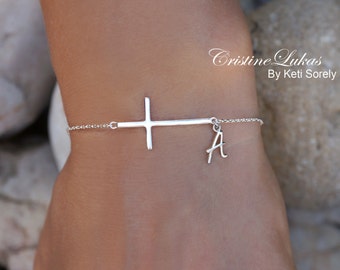Sideways Cross Bracelet with Dainty Initial - Personalized Initial Bracelet in Sterling Silver, Yellow Gold, Rose Gold or White Gold