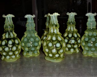 Fenton Glass coin dot Topaz opalescent vaseline glass Lamp Base candle holder vase new old stock 1940's