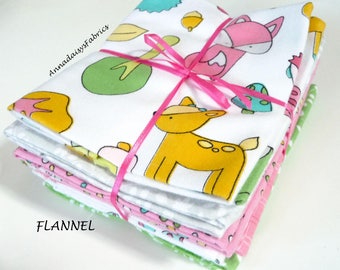 Baby Girl Flannel Fat Quarter Bundle, Woodland Animals, Maywood Studio Babe in the Woods, Flannel Quilt Fabric Bundle of 7 FQ, Cotton