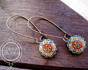 Southwestern jewelry, Mexican Talavera ceramic tile design cabochon, long dangle earrings, Mexican jewelry, Mexican tile jewelry