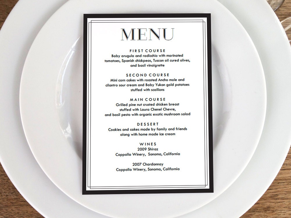 Classic Black and White Printable Menu Template Instant