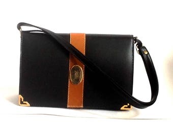 YSL Black Tan 80s Convertible Clutch Shoulder Bag Purse Yves Saint Laurent Equestrian Leather Bag Gold Logo Vintage Wallet Satchel Gift