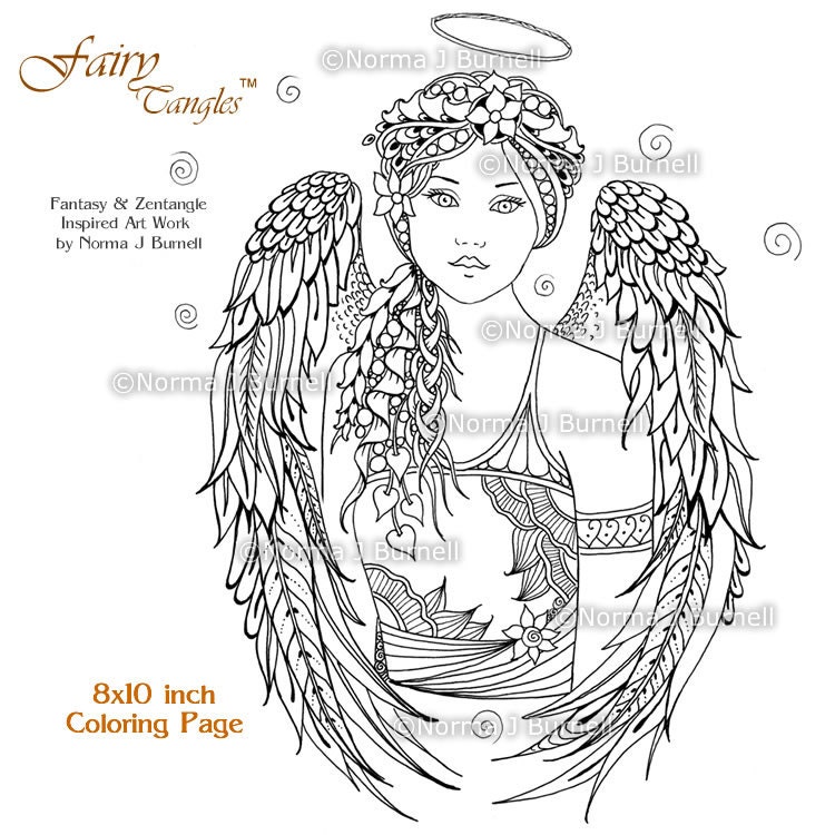 Angel Fairy Tangles Adult Printable Coloring Book Pages by