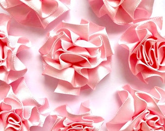 4 Large Light Pink Ribbon Ruffle Roses Rosettes Flowers 3.5cm - Card Making Embellishments Craft Sewing