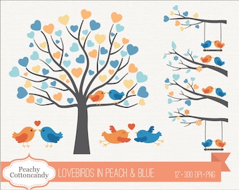 BUY 2 GET 1 FREE Lovebirds Clipart in Peach Blue - Love birds clip art - Love bird wedding clipart, valentine clipart - Commercial Use ok
