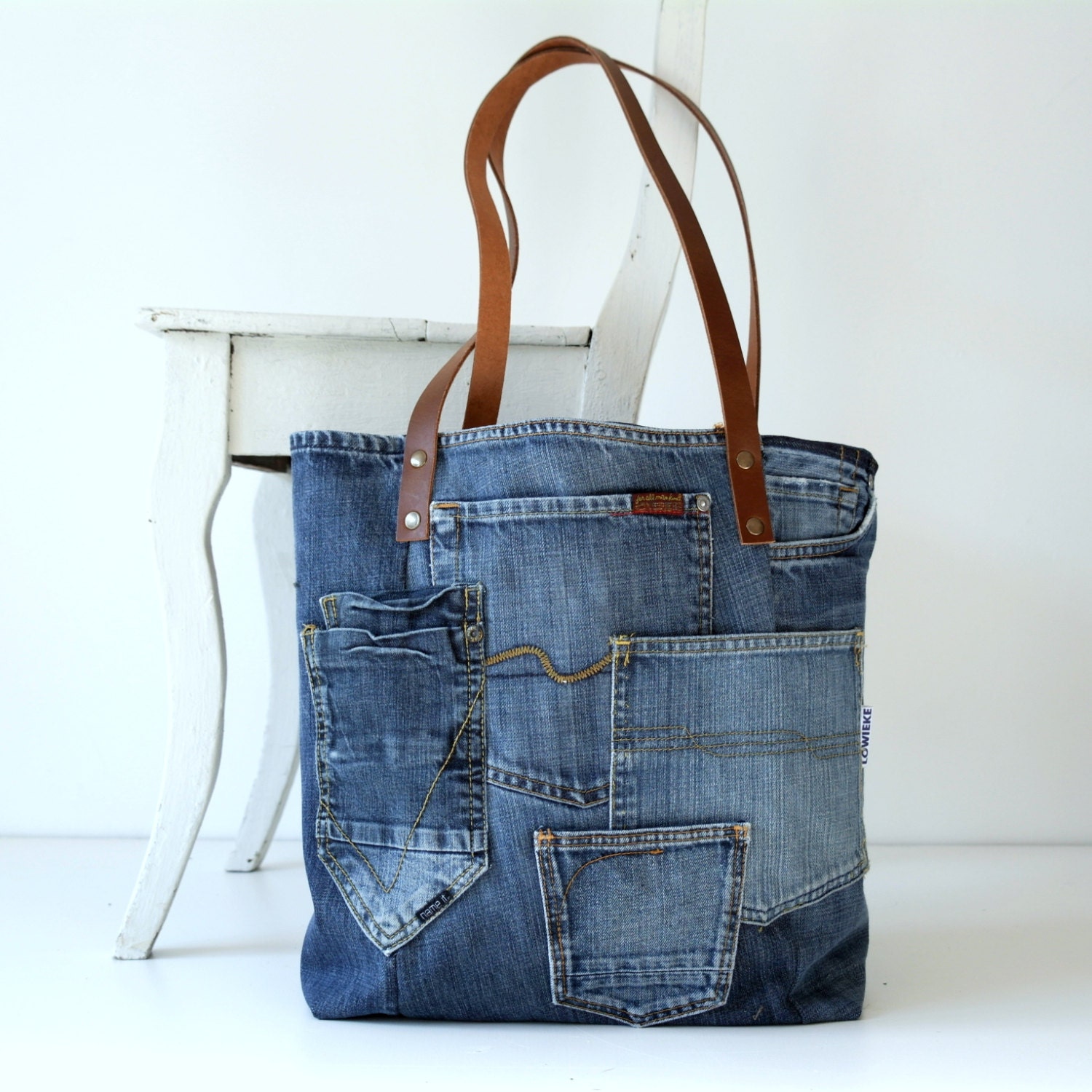 denim canvas tote bag with lots of pockets jeans bag