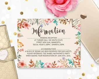 Printable Birthday Party Accommodations Card, Watercolor Floral Wedding Info Card, Directions Boho Pink and Ivory Watercolor digital files.