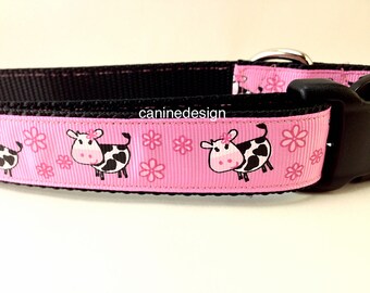 Dog Collar, Cows ,1 inch wide, adjustable, quick release, metal buckle, chain, martingale, hybrid, nylon