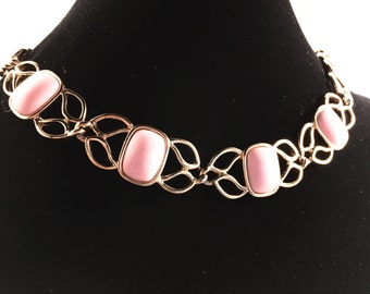 Trifari Jewelry, Vintage Jewelry, Trifari Necklace, Pink Choker, Vintage Necklace, Signed Trifari, 1970s 70s Jewelry Gold Tone Pink Necklace