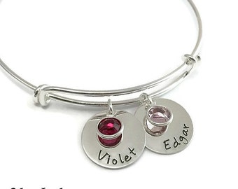 Two Name Silver Adjustable Bangle Bracelet with Birthstones