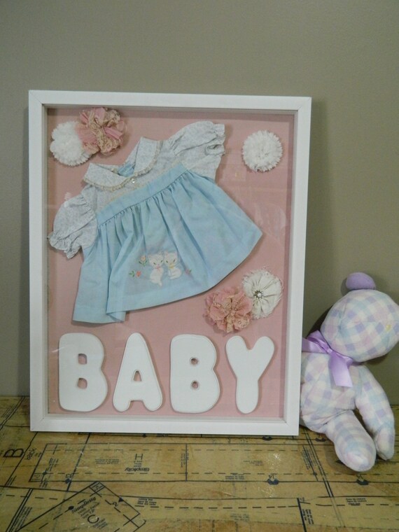 Vintage Shadow Box / Baby Decor / Blue and Pink Childs Dress
