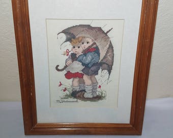 Finished counted cross stitch "Umbrella Children in the Rain" Framed/matted