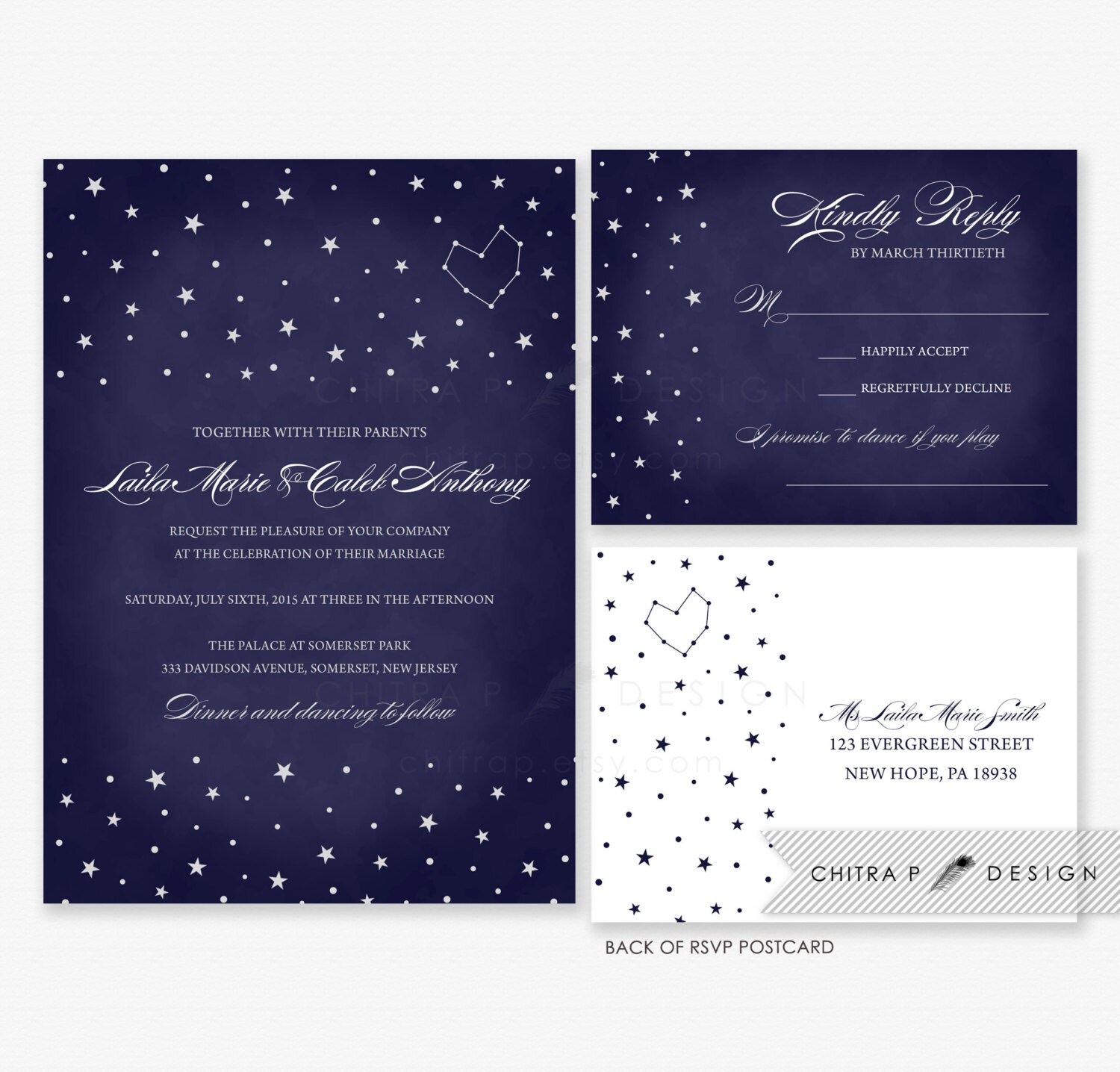 Starry Wedding Invitations & RSVP Postcards Printed