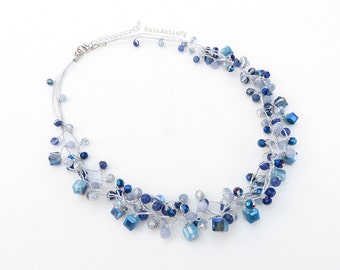 Blue stone necklace with crystal on silver silk thread, short necklace, navy blue, royal blue, gray