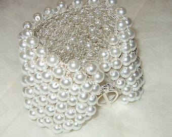 Pure Snow White Elegant Pearl Cuff / Bridal Wedding Bracelet, 3/4" Wide Hand Knit Fiber Art Jewelry, Original Sereba Designs