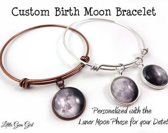 Custom Birth Moon Bracelet - 1 to 3 Personalized Moon Phase Wire Wrap Bracelet in Silver or Copper - Birthday Moon Bracelet
