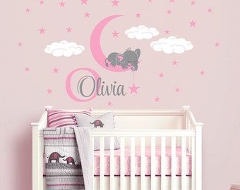 Elephant on Moon Custom Name Personalized Initial Wall Decal Sticker for Nursery, Girl's Room or Playroom, Nursery Monogram