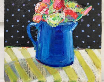 Blue Pitcher Bouquet orginal acrylic mixed media still life painting by Polly Jones