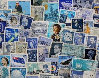 100 blau Briefmarken / / Vintage & modernen Welt Konvolut / / Stempel sammeln / / Gästebuch / / Upcycling / / Papier Handwerk / / Collage Ephemera