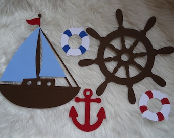 Large Nautical Decoration Set, Sailboat, Anchor, Helm, Life Preserver