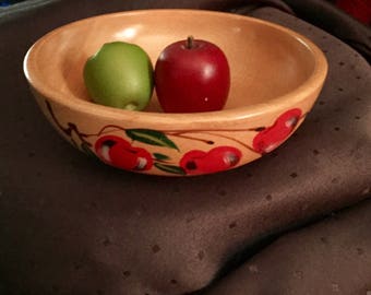 A beautiful wood bowl with Hand Painted Cherries made in Japan