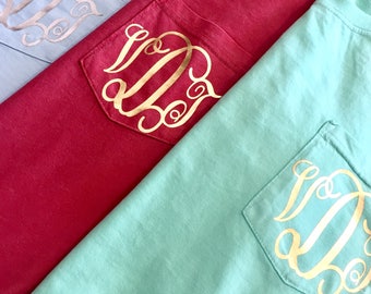 Monogrammed comfort color tshirts, Long sleeve comfort color shirts, Pocket monogrammed tee shirts