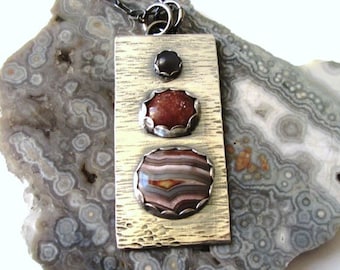 Crazy Lace Agate, Peach and Gray Moonstones "Stoplight" Pendant in Sterling Silver Necklace Jewelry