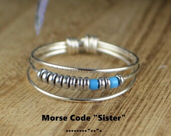 Morse Code "Sister" Ring-Your Choice of Color Beads and Silver, Rose, or Yellow Gold Filled Wire-Size 4 5 6 7 8 9 10 11 12 13 14 1/4 1/2 3/4
