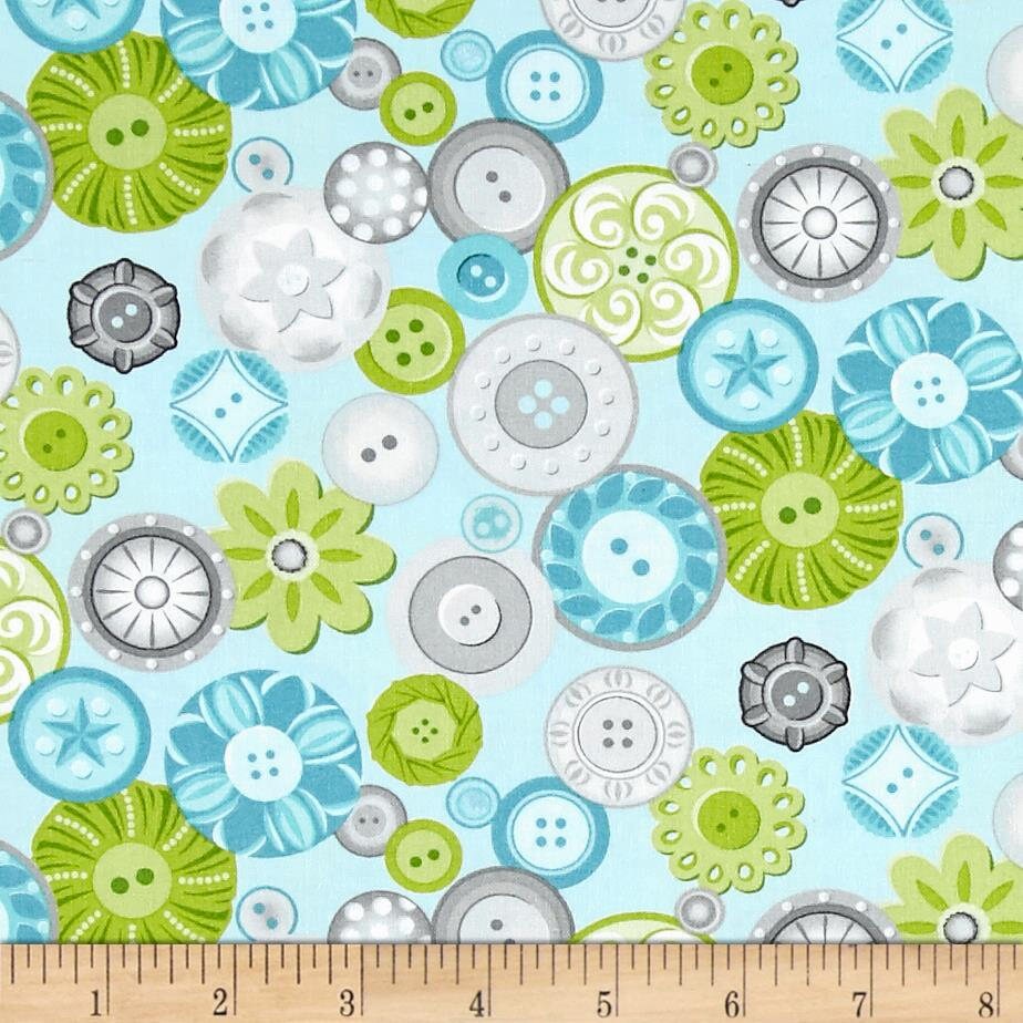Sewing Room Buttons Aqua Blue Sewing Theme Button Cotton Fabric by