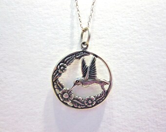 Hummingbird Pendant Necklace Sterling Silver Chain 16" Bird Lover Gift for Her Gift Idea Under 25