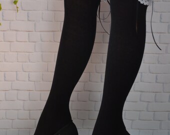 SALE Thigh High black socks, black thigh socks with white lace ,sexy long stockings, over the knee socks, lace long socks