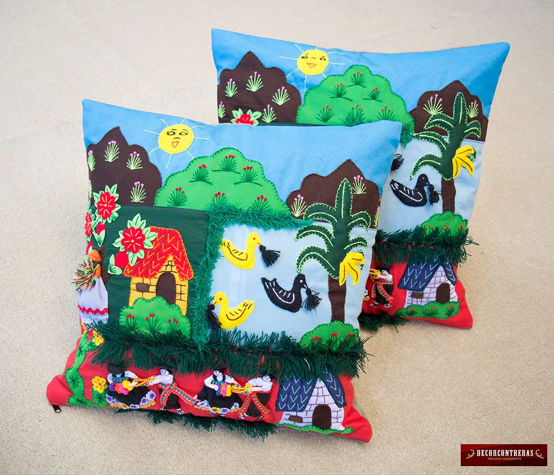 Applique cushion cover 16x16 Pair Handmade Folk Art