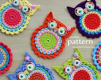 Crochet Pattern - Crochet Owl Coasters, Appliques - (Pattern No. 058) - INSTANT DIGITAL DOWNLOAD