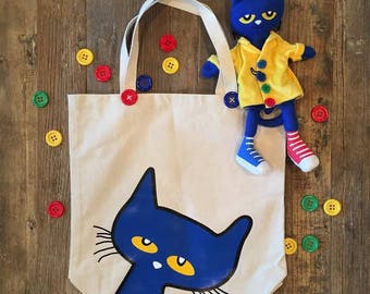 Pete the Cat Large Canvas Tote Book Bag, Grocery Bag, Unique Bag, Shoulder Bag, Canvas Tote