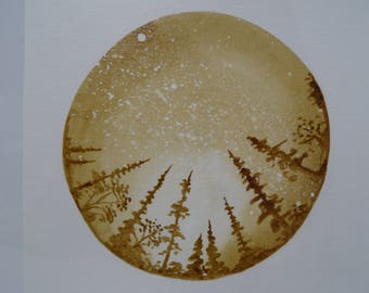 Trees, sky cap, coffee painting